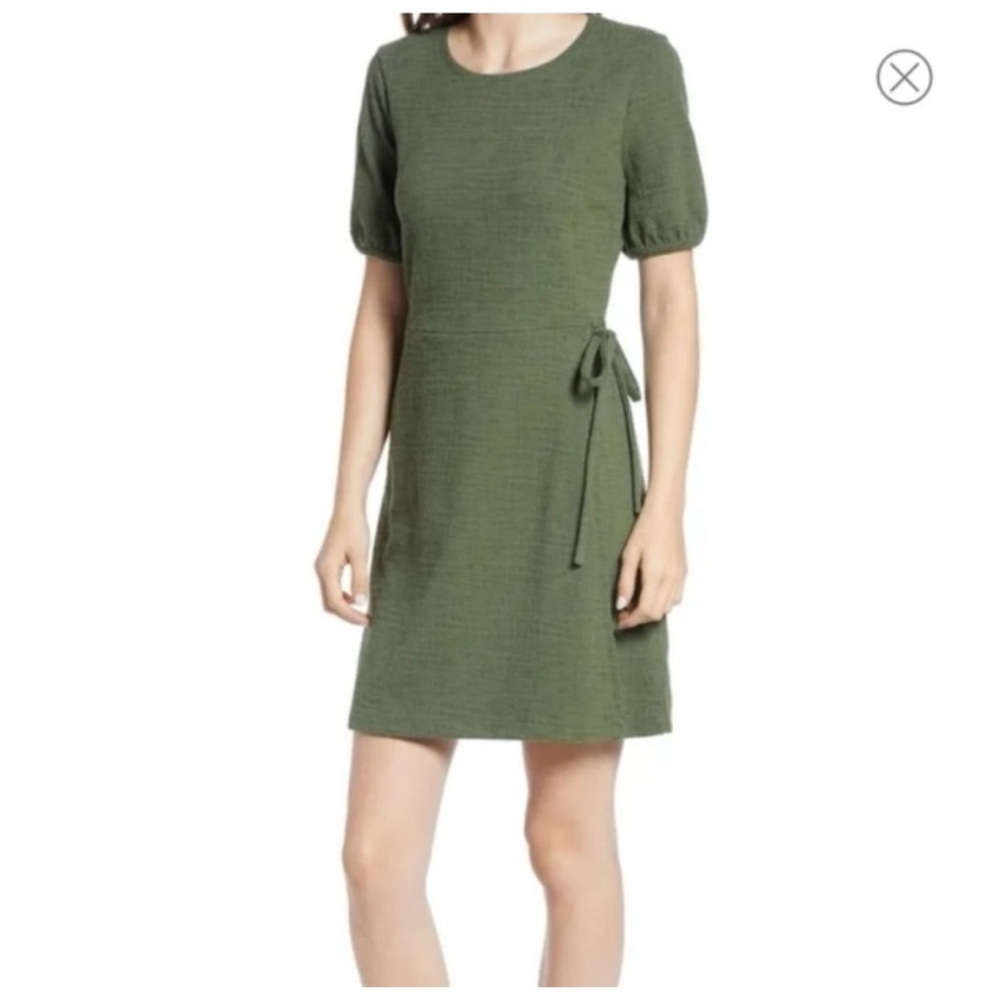 Madewell Crosshatch Puff Sleeve Olive Green Faux Wrap Dress Cotton Blend Size S